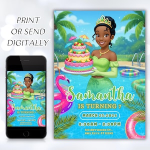 May include: A digital invitation featuring a cartoon princess holding a tiered cake by a pool. The invitation includes the text "Samantha IS TURNING 7" and event details. A smartphone displays the same design. Text: PRINT OR SEND DIGITALLY.