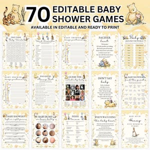 May include: A set of 70 editable baby shower games, featuring Winnie the Pooh characters. The games include word puzzles and trivia, ready to print. The design uses yellow and floral elements. The text reads "EDITABLE BABY SHOWER GAMES".