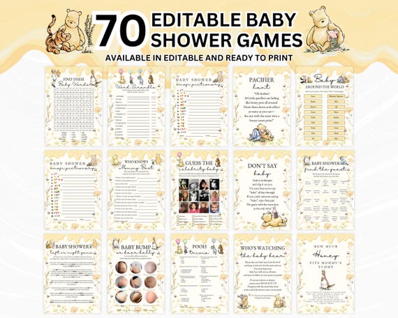 70 Editable Winnie The Pooh Baby Shower Games Bundle, Winnie Pooh Games, Gender Neutral Winnie Digital Games, Girl Boy Games Printable P7