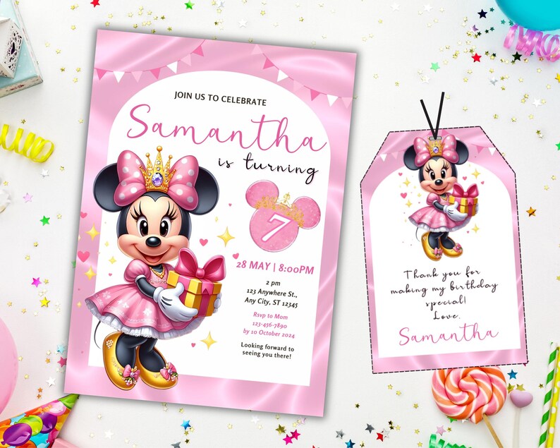 Editable Pink Minnie Mouse Birthday Invitation, Watercolor Girls ...