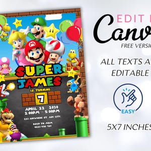 May include: A printable invitation for a Super Mario themed birthday party. The invitation features a green, red, and yellow color scheme with a chalkboard background. The text on the invitation reads "Super James is turning 7" and includes the date, time, and location of the party. The invitation is 5x7 inches and can be edited in Canva.