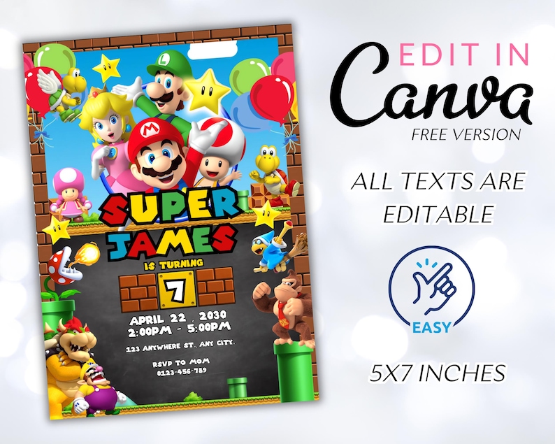 May include: A printable invitation for a Super Mario themed birthday party. The invitation features a green, red, and yellow color scheme with a chalkboard background. The text on the invitation reads "Super James is turning 7" and includes the date, time, and location of the party. The invitation is 5x7 inches and can be edited in Canva.