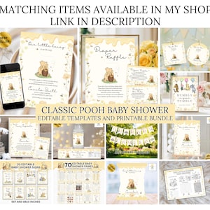 May include: A selection of Classic Pooh-themed baby shower items, including invitations, signs, and games. The designs feature illustrations of Winnie the Pooh. The text "MATCHING ITEMS AVAILABLE IN MY SHOP LINK IN DESCRIPTION" is visible.