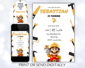 Invito di Mario, invito di compleanno stampabile, invito modificabile, compleanno per bambina, festa di Mario Bros, invito a tema videogiochi, super template