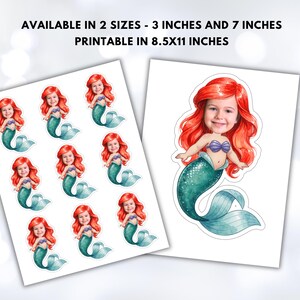 Op de afbeelding: Vellen stickers met een cartoon zeemeermin met rood haar en een teal staart. De stickers zijn verkrijgbaar in formaten van 7,6 cm en 17,8 cm, bedrukbaar op papier van 21,6 x 27,9 cm. De zeemeermin heeft een lachend gezicht en een paarse schelp top.