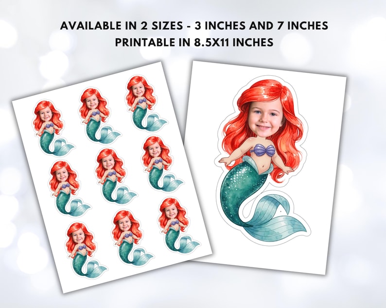 Op de afbeelding: Vellen stickers met een cartoon zeemeermin met rood haar en een teal staart. De stickers zijn verkrijgbaar in formaten van 7,6 cm en 17,8 cm, bedrukbaar op papier van 21,6 x 27,9 cm. De zeemeermin heeft een lachend gezicht en een paarse schelp top.