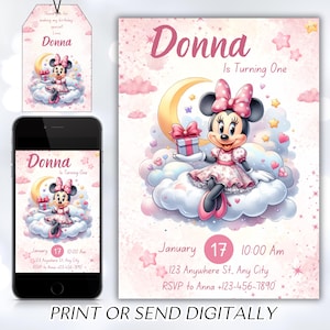 Editable Minnie Mouse Birthday Invitation, Watercolor Girls Birthday Invitation, Printable Invitation, Pink Minnie Invitation