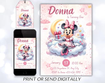 Editable Minnie Mouse Birthday Invitation, Watercolor Girls Birthday Invitation, Printable Invitation, Pink Minnie Invitation