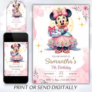 Editable Minnie Mouse Birthday Invitation, Watercolor Girls Birthday Invitation, Printable Invitation, Pink Minnie Invitation