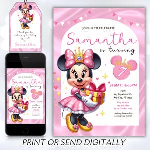 Bearbeitbare Rosa Minnie Maus Geburtstagseinladung, Aquarell Mädchen Geburtstagseinladung, druckbare Einladung, Rosa Minnie Einladung