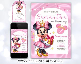 Editable Pink Minnie Mouse Birthday Invitation, Watercolor Girls Birthday Invitation, Printable Invitation, Pink Minnie Invitation