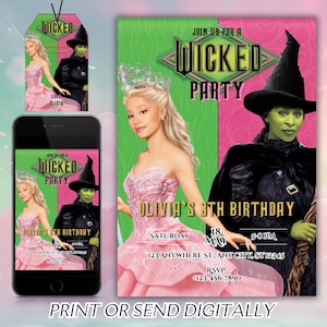Wicked Geburtstagsfeier-Einladung, Wicked Party-Einladung, WICKED inspirierte Kinokarte, Elphaba & Glinda Theme, Filmparty, Canva Editable