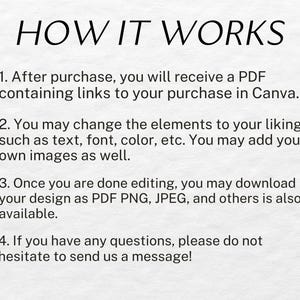 May include: A text-based image explaining how to use a digital product. It says "HOW IT WORKS" and lists four steps: 1. After purchase, you will receive a PDF containing links to your purchase in Canva. 2. You may change the elements to your liking, such as text, font, color, etc. You may add your own images as well. 3. Once you are done editing, you may download your design as PDF PNG, JPEG, and others is also available. 4. If you have any questions, please do not hesitate to send us a message!"
