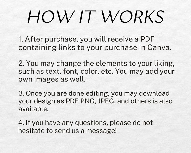 May include: A text-based image explaining how to use a digital product. It says "HOW IT WORKS" and lists four steps: 1. After purchase, you will receive a PDF containing links to your purchase in Canva. 2. You may change the elements to your liking, such as text, font, color, etc. You may add your own images as well. 3. Once you are done editing, you may download your design as PDF PNG, JPEG, and others is also available. 4. If you have any questions, please do not hesitate to send us a message!"