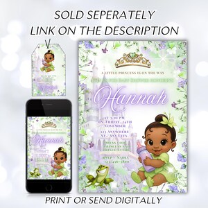 K&ouml;nnte beinhalten: Babyparty-Einladungsset mit einer Cartoon-Prinzessin, einem Frosch und einem Schloss. Die Einladung ist in Lila und Gr&uuml;n gehalten und tr&auml;gt den Namen "Hannah". Enth&auml;lt ein Etikett und eine Telefonanzeige.