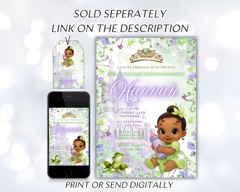 K&ouml;nnte beinhalten: Babyparty-Einladungsset mit einer Cartoon-Prinzessin, einem Frosch und einem Schloss. Die Einladung ist in Lila und Gr&uuml;n gehalten und tr&auml;gt den Namen "Hannah". Enth&auml;lt ein Etikett und eine Telefonanzeige.