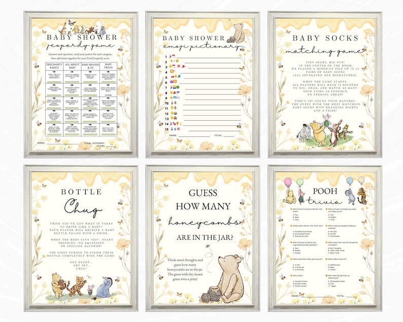 May include: Six framed baby shower games featuring Winnie the Pooh characters. Games include Jeopardy, Emoji Pictionary, Baby Socks Matching, Bottle Chug, Guess How Many Honeycombs, and Pooh Trivia. Each game has a yellow floral border.