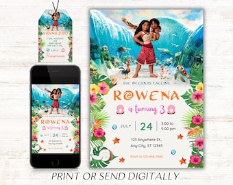 Moana-uitnodiging, digitale uitnodiging voor kinderen, Moana-feestuitnodiging, voor meisje uit te nodigen, bewerkbaar in Canva, moderne verjaardagssjabloon afdrukbare