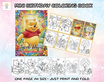 May include: A mini birthday coloring book featuring Winnie the Pooh. The cover shows Pooh Bear in a red shirt with the text "Jacob Davis 8th Birthday Celebration." Includes several black and white coloring pages with Pooh and friends. The text "ONE PAGE A4 SIZE - JUST PRINT AND FOLD" is also visible.