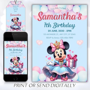 Editable Minnie Mouse Birthday Invitation, Watercolor Girls Birthday Invitation, Printable Invitation, Pink Minnie Invitation