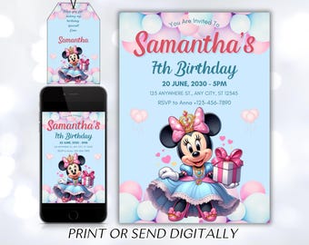 Editable Minnie Mouse Birthday Invitation, Watercolor Girls Birthday Invitation, Printable Invitation, Pink Minnie Invitation