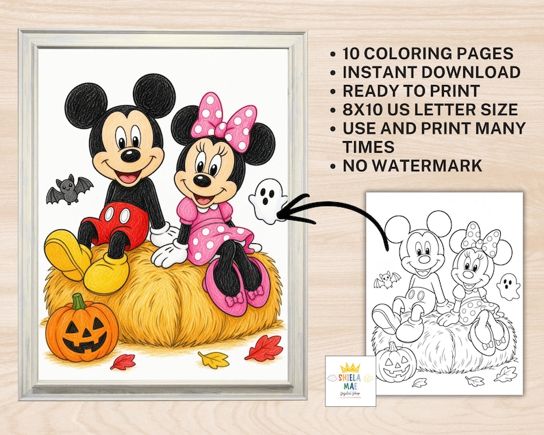 May include: A digital coloring page set featuring Mickey and Minnie Mouse sitting on a hay bale with a jack-o'-lantern, a bat, and a ghost. Text includes: 10 COLORING PAGES, INSTANT DOWNLOAD, READY TO PRINT, 8X10 US LETTER SIZE, USE AND PRINT MANY TIMES, NO WATERMARK.