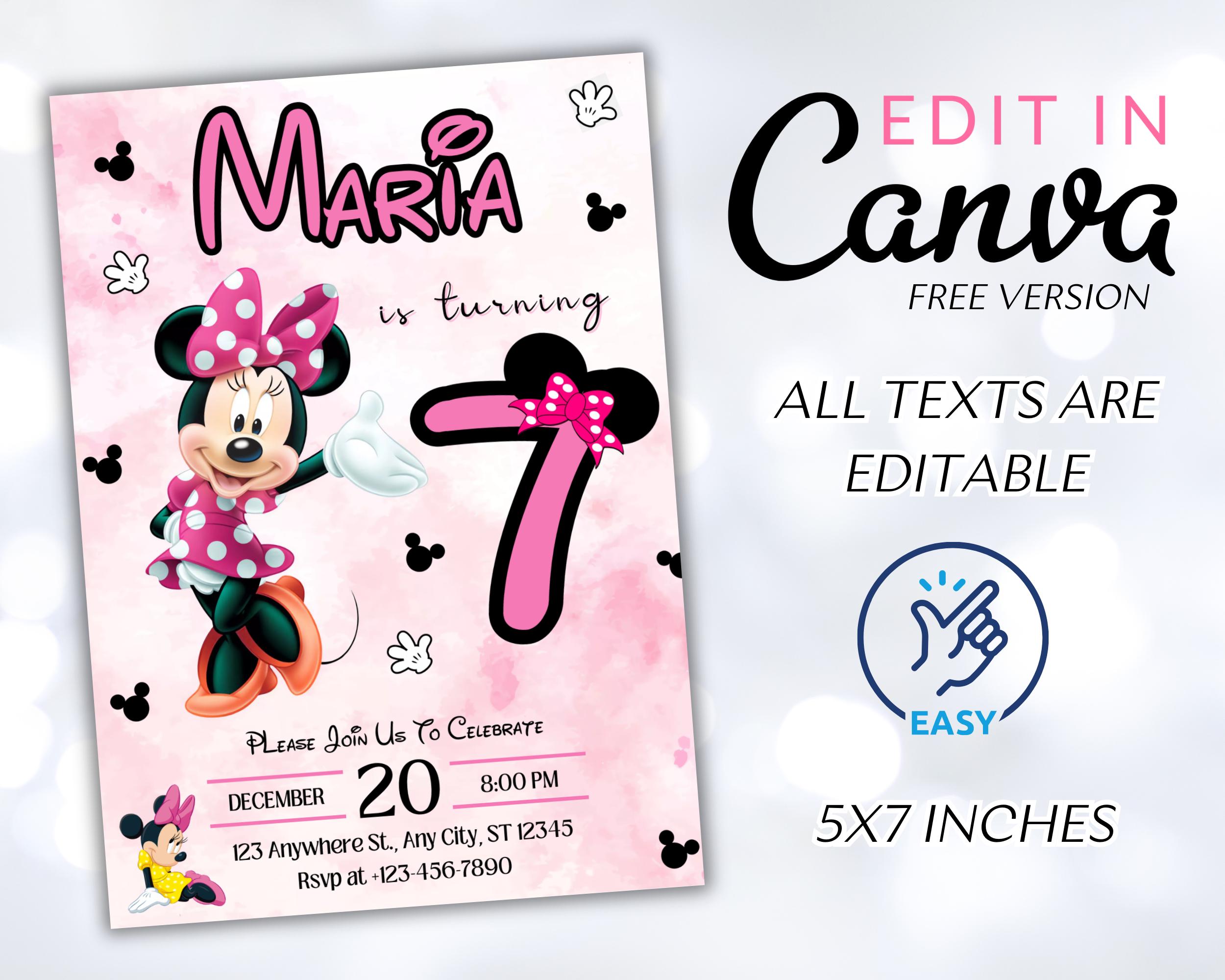 Editable Pink Minnie Mouse Birthday Invitation, Watercolor Girls ...