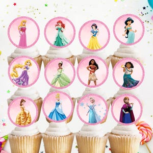 May include: Twelve pink cupcake wrappers with round edible images of Disney princesses. The princesses include Ariel, Belle, Cinderella, Elsa, Jasmine, Mulan, Pocahontas, Rapunzel, Snow White, Tiana, and  Moana.
