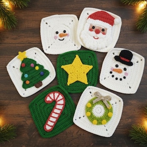 May include: A collection of handmade, square crochet Christmas coasters. Designs include a snowman, Santa Claus, Christmas tree, star, candy cane, wreath, and another snowman. The coasters are white and green with red, yellow, and black accents.