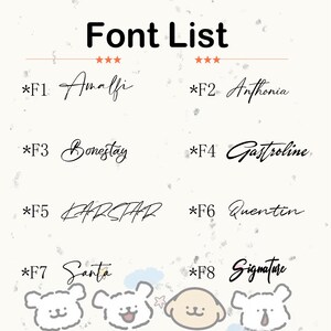 May include: A list of eight different fonts, each labeled with a font name and a code. The fonts are displayed in a black cursive style on a white background with a subtle gray speckled pattern.