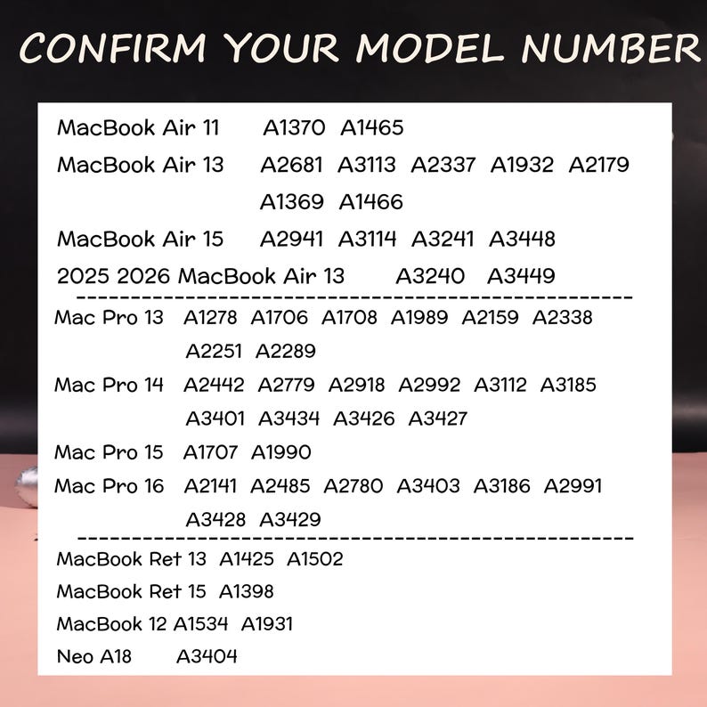 Może przedstawiać: Biała tabela informacyjna z czarnym tekstem zatytułowana CONFIRM YOUR MODEL NUMBER. Zawiera listę r&oacute;żnych modeli MacBook Air, Mac Pro, MacBook Ret i Neo wraz z odpowiadającymi im alfanumerycznymi numerami modeli w celu identyfikacji urządzenia.