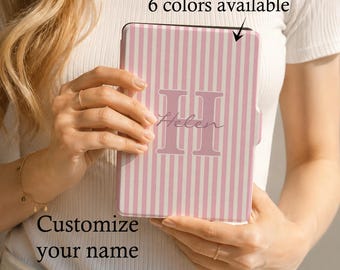 Personalized Name Kindle 2022/2026 Case With Hand Strap, Kobo Clara Libra Case, Custom Paperwhite 6''/7'' Case, Striped Initial Cover