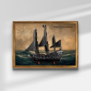 May include: Framed print of a black pirate ship with black sails, sailing on a stormy sea. The ship has a skull and crossbones flag. The words "Pirates of the Caribbean" are printed on the top right corner. The frame is gold.