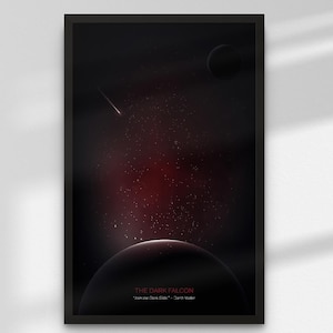 May include: Framed art print depicting a dark space scene with planets, stars, and a shooting star. The text "THE DARK FALCON" and a quote by Darth Vader are at the bottom. The artwork is set against a black background.