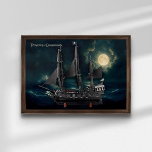 May include: A framed print featuring a black pirate ship sailing on a stormy sea under a full moon. The ship has black sails and a skull and crossbones flag. The words "Pirates of the Caribbean" are printed at the top.