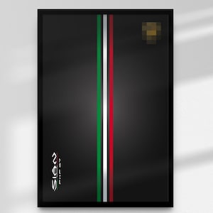 Puede incluir: Impresión artística enmarcada en negro con un diseño vertical de rayas verdes, blancas y rojas. La impresión incluye el texto "Sian" y "FKP 37" en blanco, y un emblema dorado. La obra de arte se exhibe sobre una pared blanca.