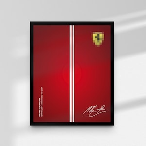 Può includere: Poster incorniciato con sfondo rosso, due strisce verticali bianche, un emblema giallo, una firma e il testo: "MICHAEL SCHUMACHER FERRARI F2004 HUNGARORING (V03) V10 2004". Il poster è in una cornice nera.