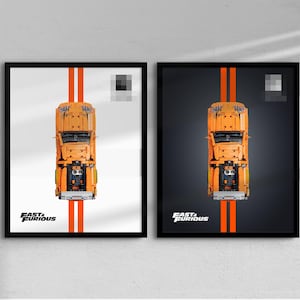 May include: Two framed prints showing an overhead view of an orange toy car with orange racing stripes. The prints have a black frame, and the text "FAST & FURIOUS" is at the bottom. One print has a white background, the other a dark grey background.