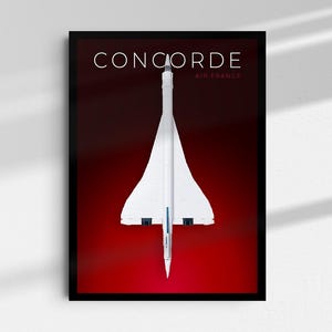 May include: A framed print of a white Concorde aircraft set against a deep red gradient background. The word "CONCORDE" is displayed in white at the top, with "AIR FRANCE" below. The image is enclosed in a black frame.