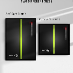 May include: Two framed prints in different sizes. The larger frame is 21x30cm, and the smaller is 25x25cm. Both feature a black background with two vertical neon green stripes and the SRT logo in white. The text "TWO DIFFERENT SIZES" is at the top.