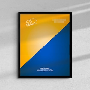 May include: Framed poster featuring a diagonal split of yellow and blue. The top left corner has a white signature. Text at the bottom reads "NIGEL MANSELL WILLIAMS RACING FW14B RENAULT RS3C/RS4 V10 1992".