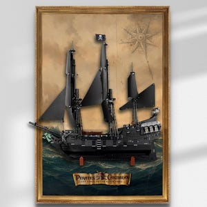 May include: Framed artwork featuring a black pirate ship with billowing sails, set against a vintage map backdrop. The ship has a skull and crossbones flag. The artwork is titled "Pirates of the Caribbean: The Curse of the Black Pearl."