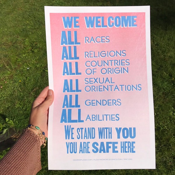 WE WELCOME ALL Poster -- blue and pink risograph edition