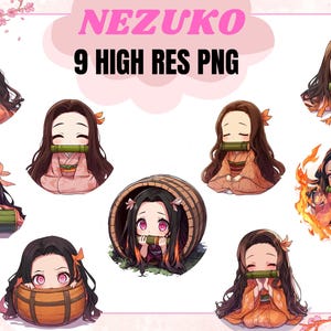 Nezuko Clipart Bundle, cute chibi nezuko PNGs for stickers and Merchandise