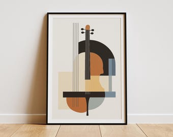 Könnte beinhalten: Abstrakter Kunstdruck mit einem Cello-Design. Das Kunstwerk verwendet geometrische Formen in Braun-, Beige-, Schwarz- und Blautönen. Die Form des Cellos ist stilisiert, mit Saiten und einer Schnecke. Der Druck ist in einem schwarzen Rahmen gerahmt.