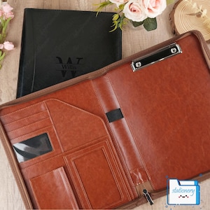 Personalized Leather Portfolio,Custom Portfolio With Name,Engraved Monogram Padfolio Folders,Business Gifts,Zippered Leather Organizer,Gifts