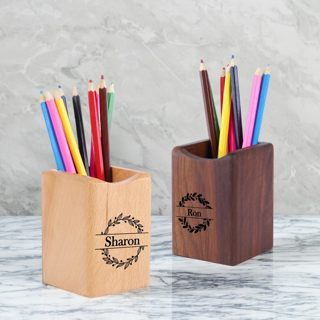 Personalized Wooden Pen Holder Custom Engraved Beech Walnut Solid Wood ...