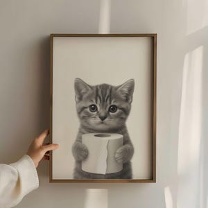 Cat Poster Animal Bathroom Poster Cat Print Cat Art Bathroom Wall Art Black White Bathroom Print Toilet Paper Bathroom Digital Download