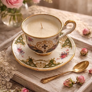 Può includere: Una candela a forma di tazza da tè con motivi floreali e bordi dorati, su un piattino abbinato. Un cucchiaio dorato e rose rosa su un vassoio di legno, per un'atmosfera vintage.