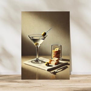 Wydruk z krakersami Martini i serem | Uroczy, dziwaczny plakat | Dekoracja wózka barowego ze sztuką koktajlową | Prezent z obrazem olejnym | Modny plakat ze sztuką ścienną do kuchni